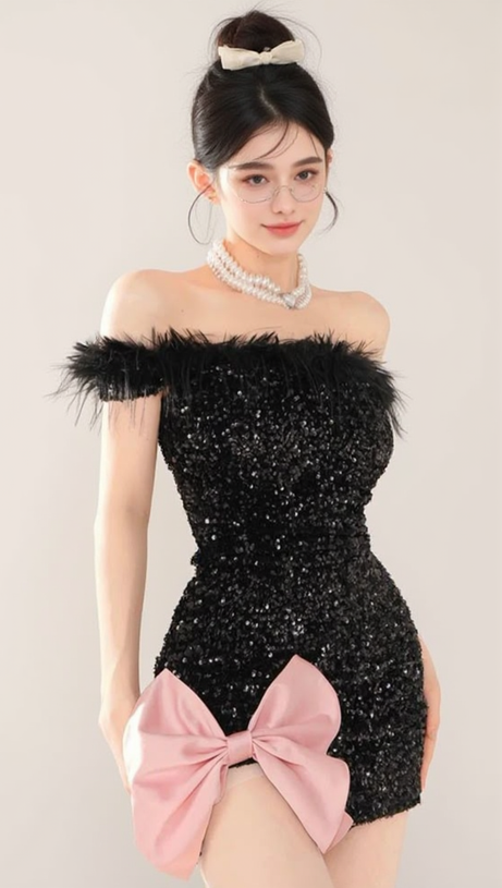 BOW-EMBELLISHED SEQUINED MINI DRESS IN BLACK