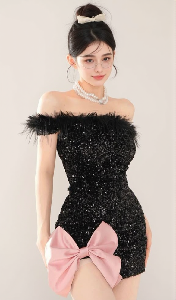 BOW-EMBELLISHED SEQUINED MINI DRESS IN BLACK