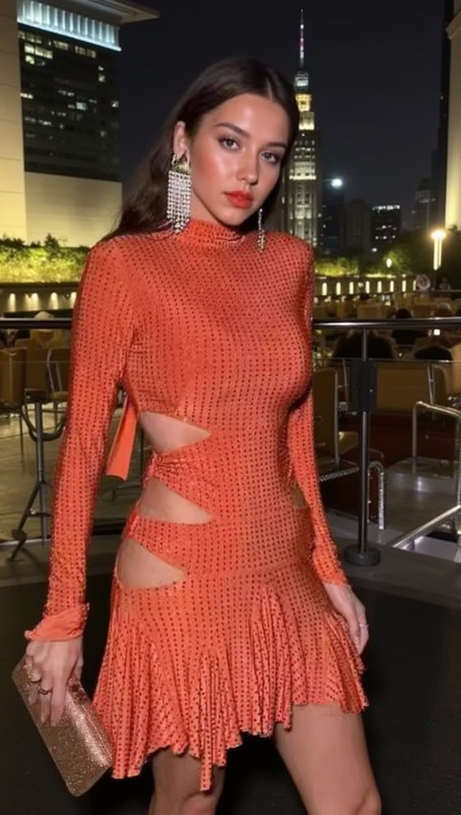 IRENE RHINESTONES EMBELLLISHED MINI DRESS IN ORANGE