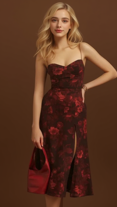 FLORAL PRINT SLIT MIDI DRESS IN BURGUNDY