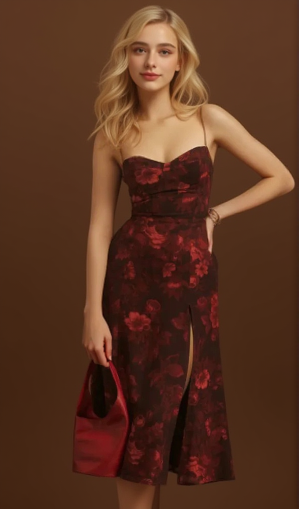 FLORAL PRINT SLIT MIDI DRESS IN BURGUNDY