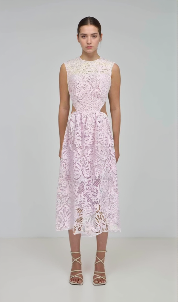 FANNY CUT-OUT LACE EMBROIDERY MIDI DRESS IN PINK