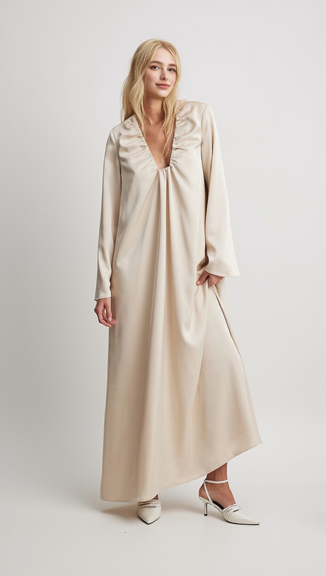 SATIN GATHERED NECKLINE MAXI DRESS