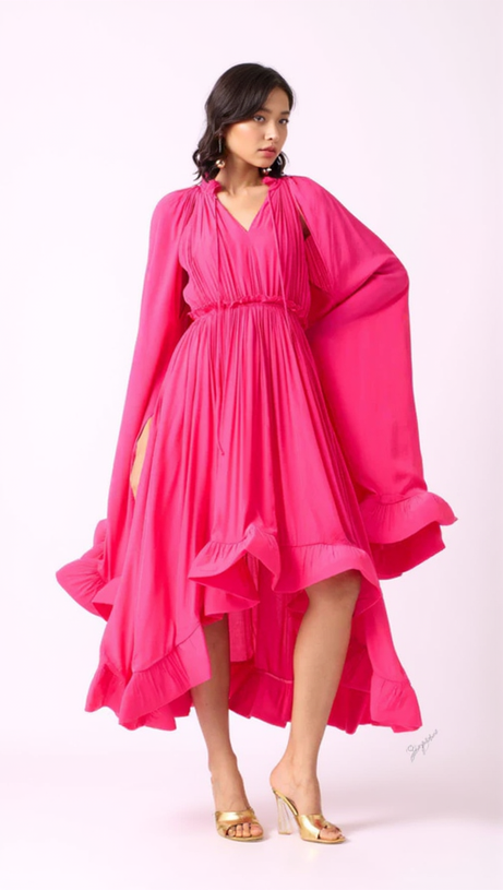 RUFFLE TRIM MAXI DRESS IN ROSE RED