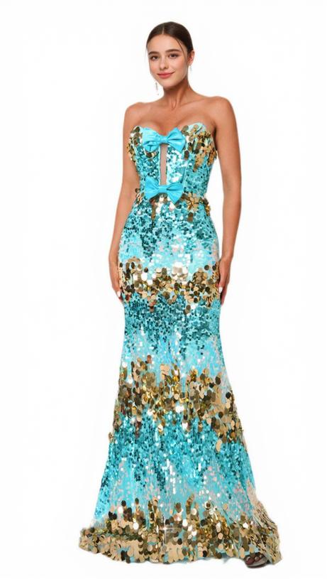 Blaues Paillettenkleid mit Schleife und Knoten-Tube-Top