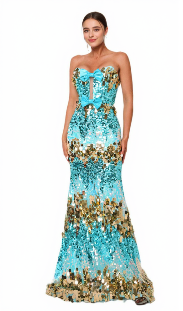 BOW KNOT TUBE TOP LACE-UP SEQUIN DRESS IN BLUE