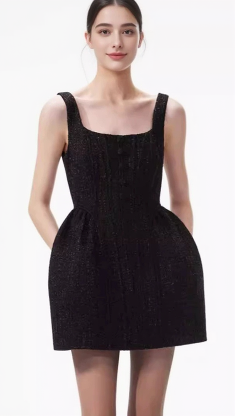 BLACK BOUCLE MINI DRESS