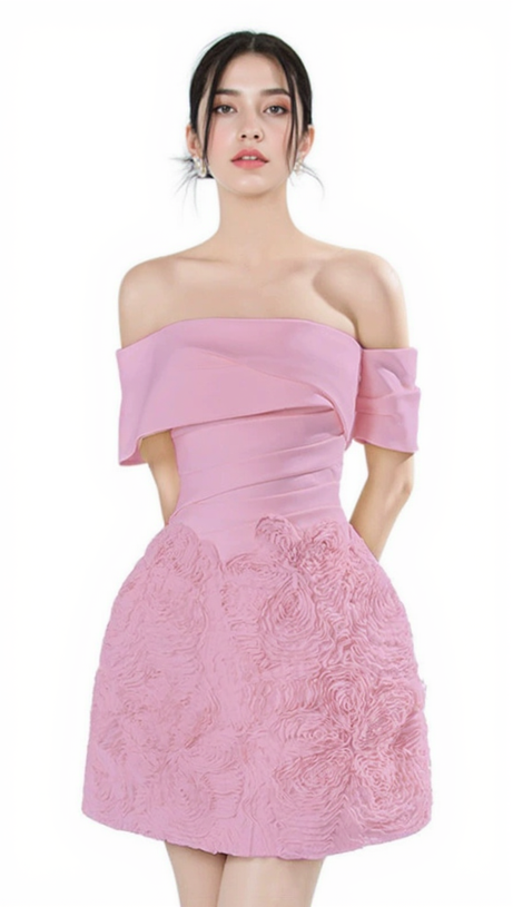 AMY OFF SHOULDER FLORAL PLEATED MINI DRESS IN PINK