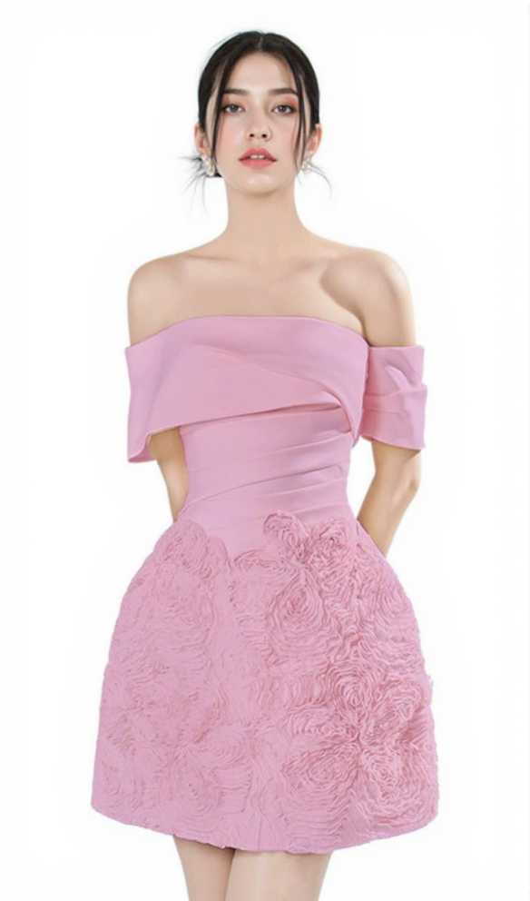 AMY OFF SHOULDER FLORAL PLEATED MINI DRESS IN PINK