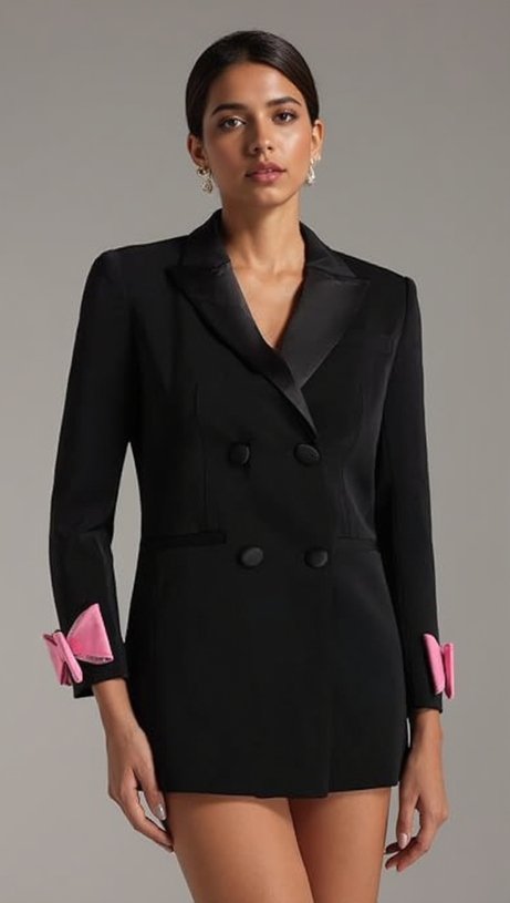 INGRID BOW-EMBELLISHED WOOL BLACK BLAZER DRESS