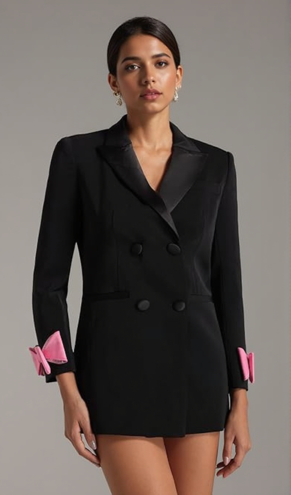 INGRID BOW-EMBELLISHED WOOL BLACK BLAZER DRESS