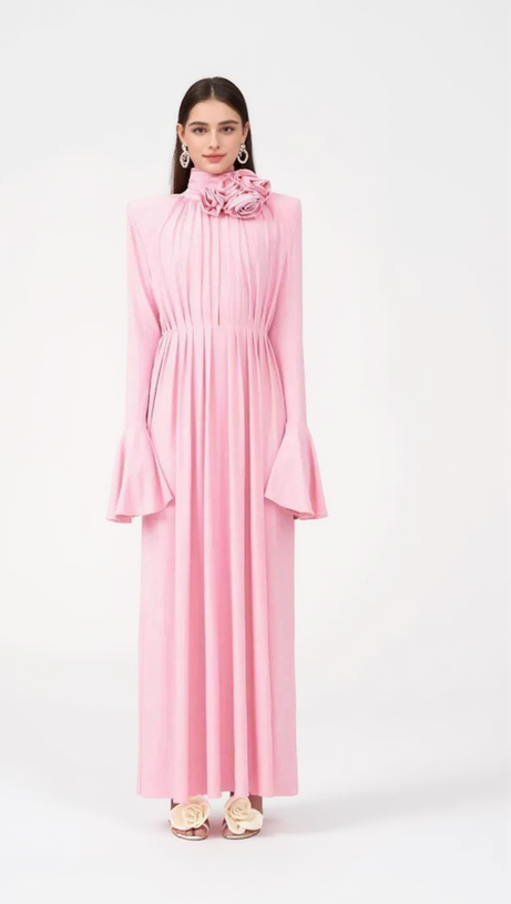 ERIN LANTERN SLEEVE HIGH COLLAR FLOWER SLIT MIDI DRESS IN PINK