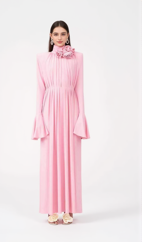 AIIZIE ERIN LANTERN SLEEVE HIGH COLLAR FLOWER SLIT MIDI DRESS IN PINK - product image