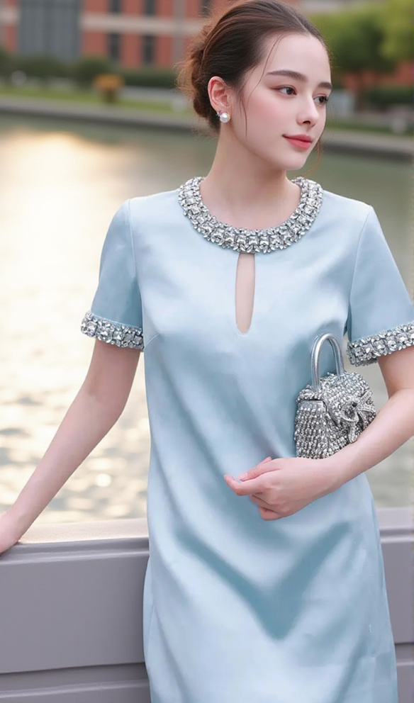 AIIZIE DESTINY EMBELLISHED SATIN MINI DRESS IN BLUE - product image