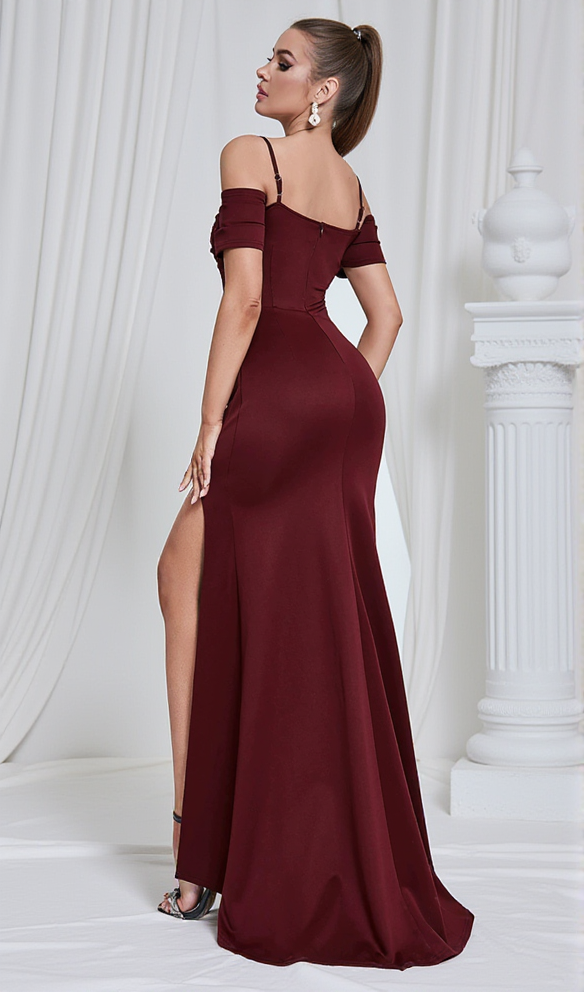 AIIZIE REGINA BURGUNDY HIGH SLIT RUCHED MAXI DRESS - product image