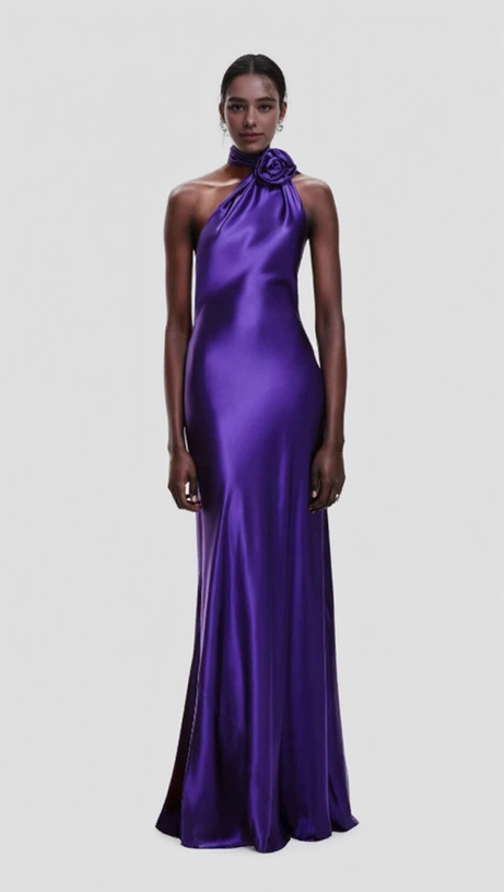 SATIN WRAP HALTER GOWN WITH FLOWER IN PURPLE