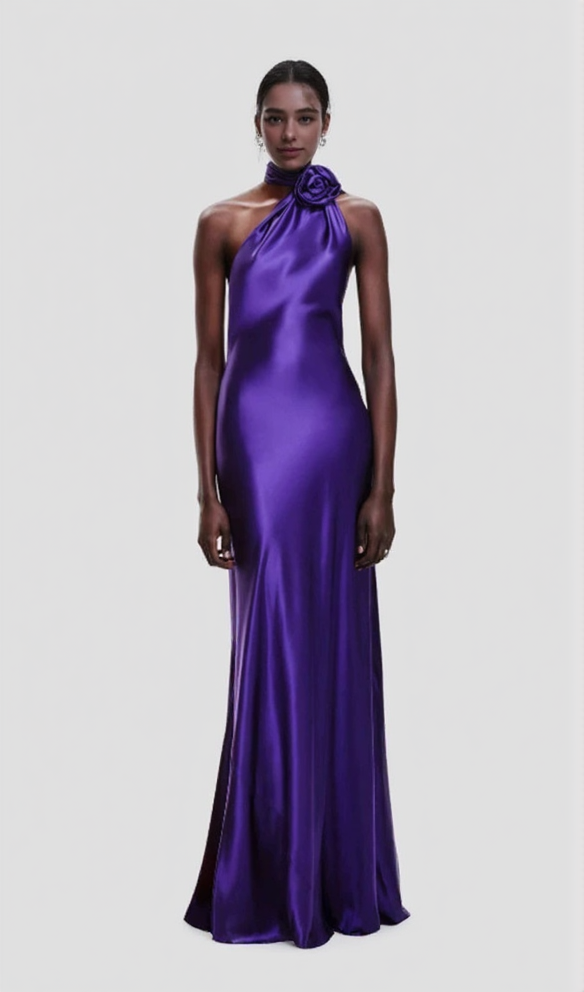 SATIN WRAP HALTER GOWN WITH FLOWER IN PURPLE