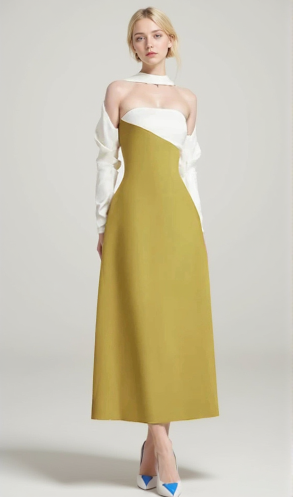 ARLENE YELLOW LONG SLEEVED CUT OUT SILK TAFFETA MIDI DRESS