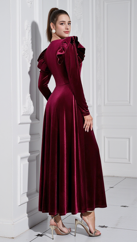IRMA BURGUNDY V-NECK RUFFLE TRIM EMBELLISHED VELVET MAXI DRESS