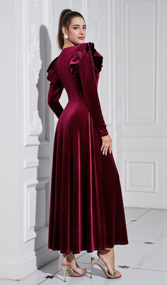 AIIZIE IRMA BURGUNDY V-NECK RUFFLE TRIM EMBELLISHED VELVET MAXI DRESS - product image