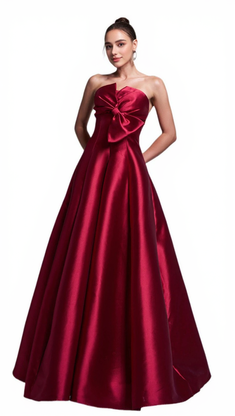 BOW SATIN MAXI DRESS IN BURGUNDY