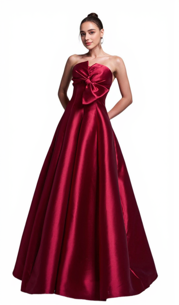 BOW SATIN MAXI DRESS IN BURGUNDY