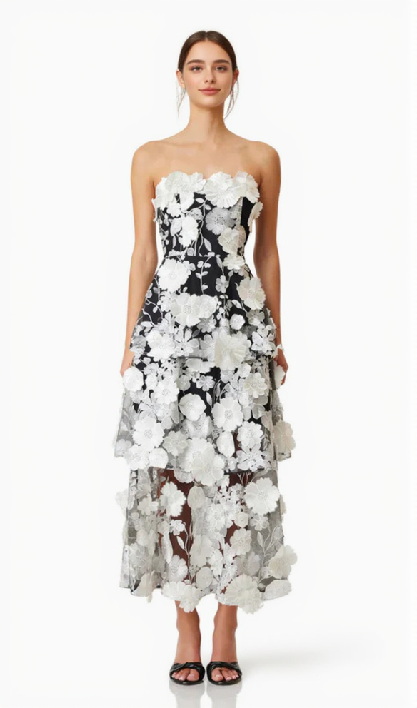 SELENE 3D FLOWER TIERED MAXI DRESS IN BLACK