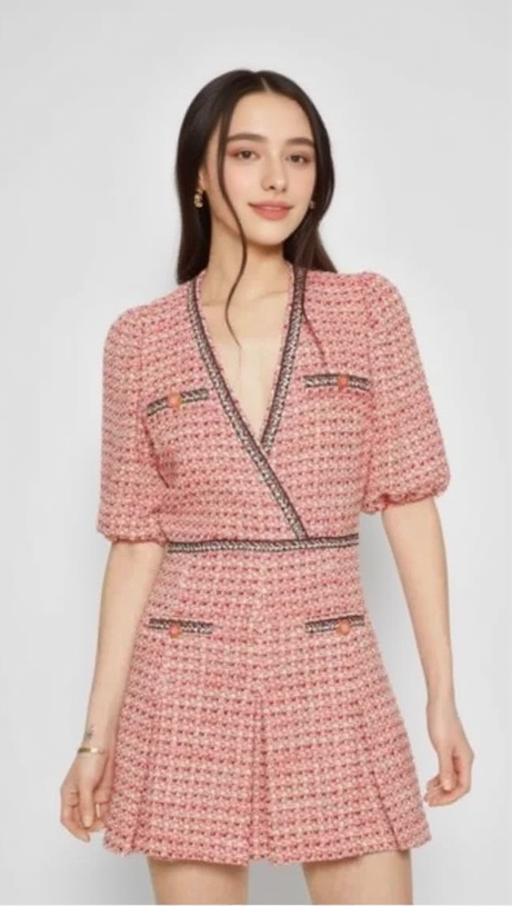 TWEED DRESS WITH ETHNIC TRIM IN PINK