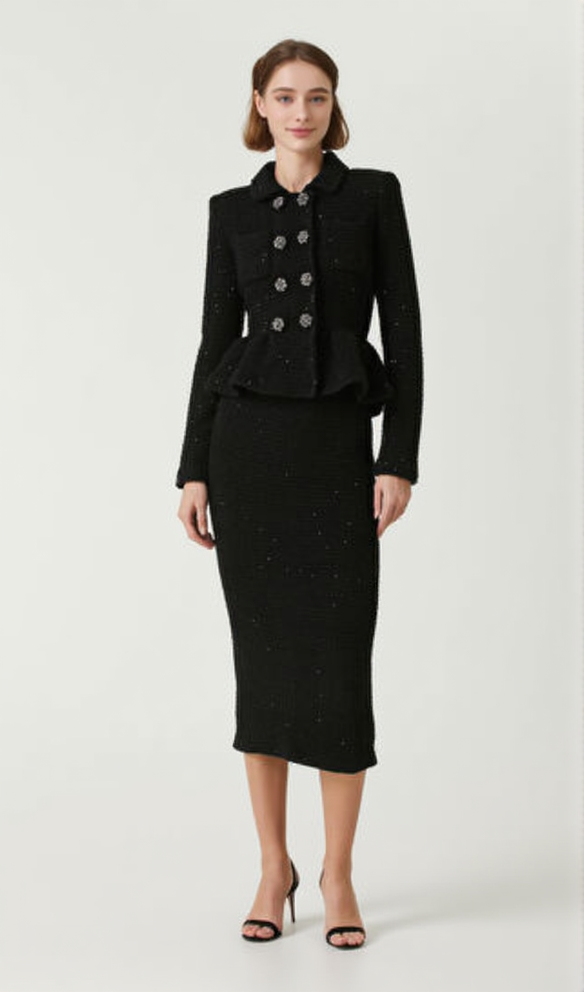 SCHWARZES MIDIKLEID MIT STRUKTURIERTEM STRICKPEPLUM