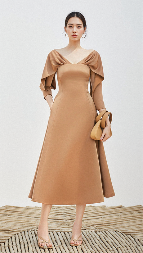 ODELIA V-NECK BROWN A-LINE MIDI DRESS