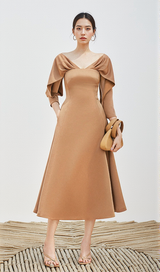 ODELIA V-NECK BROWN A-LINE MIDI DRESS