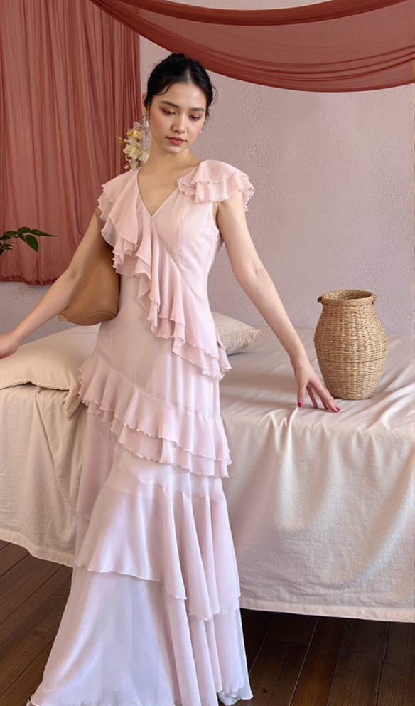 RUFFLED MAXI DRESS IN PALE PINK