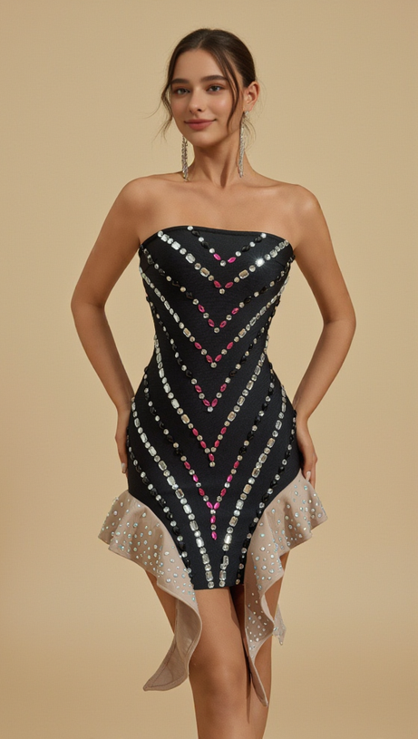 CADY STRAPLESS RHINESTONE BANDAGE MINI DRESS