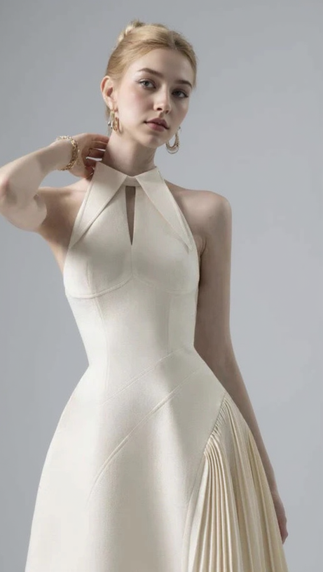 ASHLEY A-LINE PLEATED MIDI DRESS IN WHITE