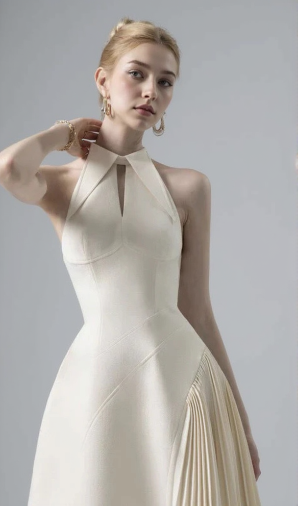 ASHLEY A-LINE PLEATED MIDI DRESS IN WHITE