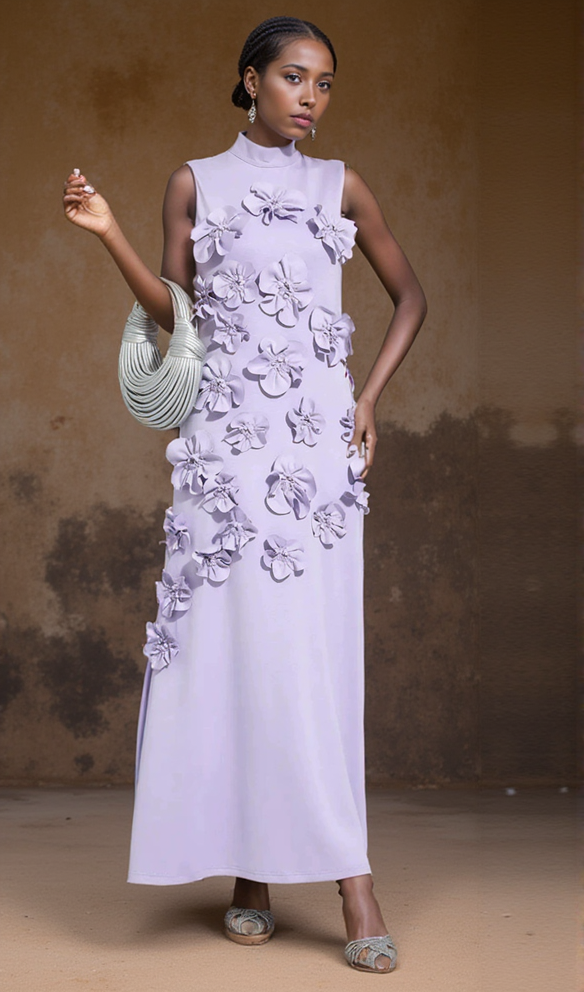 ANNONA PURPLE FLOWER EMBELLISHED MAXI DRESS