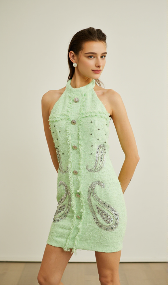 AIIZIE GEMMA PAISLEY-EMBELLISHED TWEED MINI DRESS IN GREEN - product image