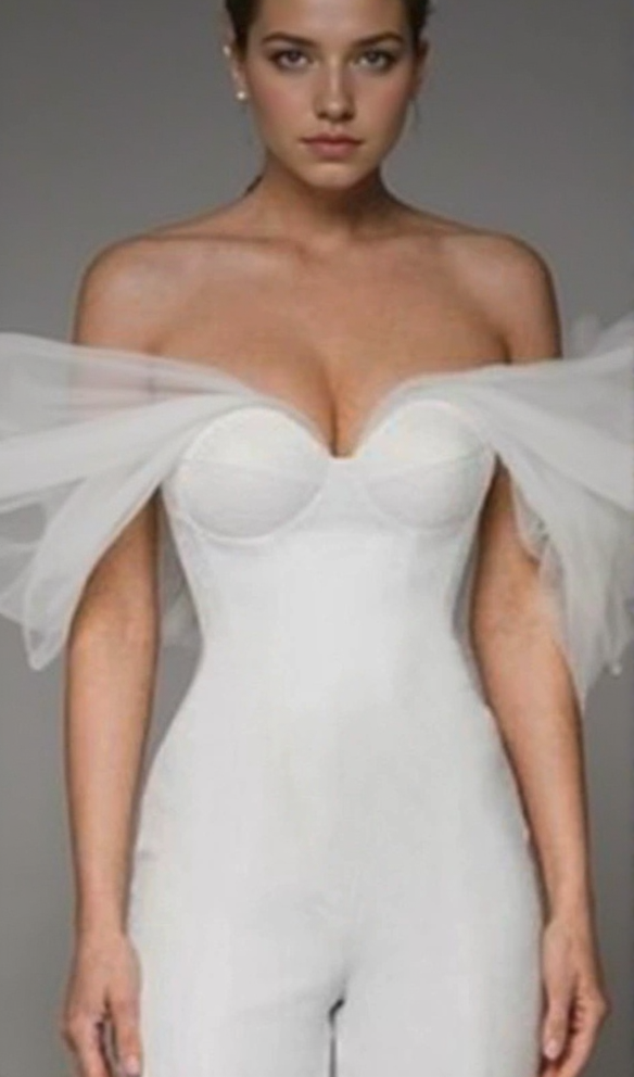 ANILA WHITE TULLE SLEEVE OFF-SHOULDER CORSET JUMPSUIT