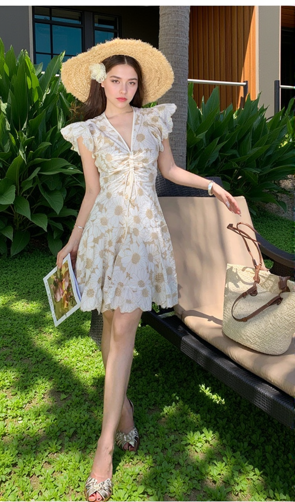 AIIZIE RENATA DAISY GUIPURE V NECK MINI DRESS - product image