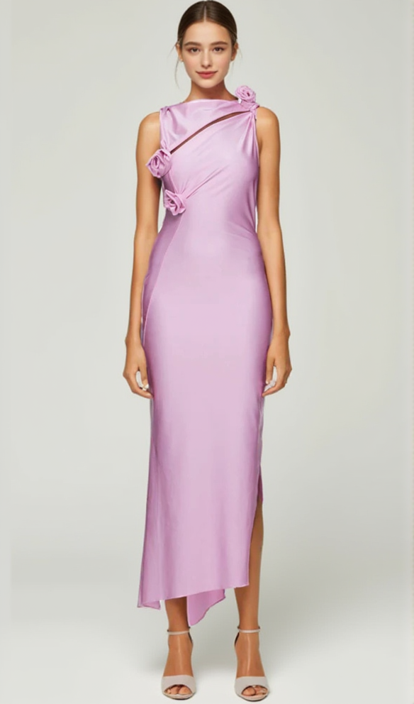 EILEEN PINK 3D FLOWER SEMI-FORMAL MIDI DRESS