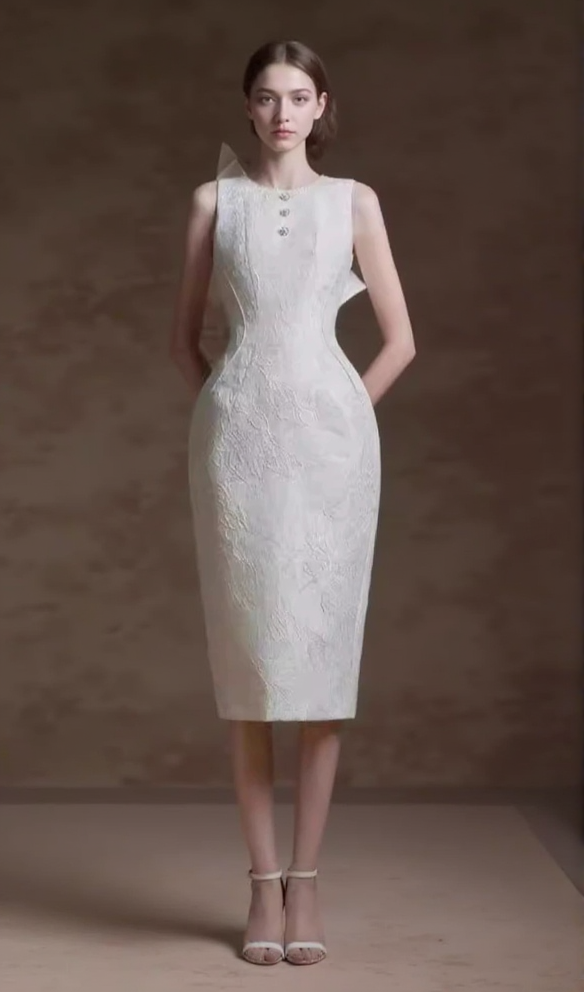 ALEXANDRA PEGGED BACK SLIT BROCADE MIDI DRESS IN WHITE