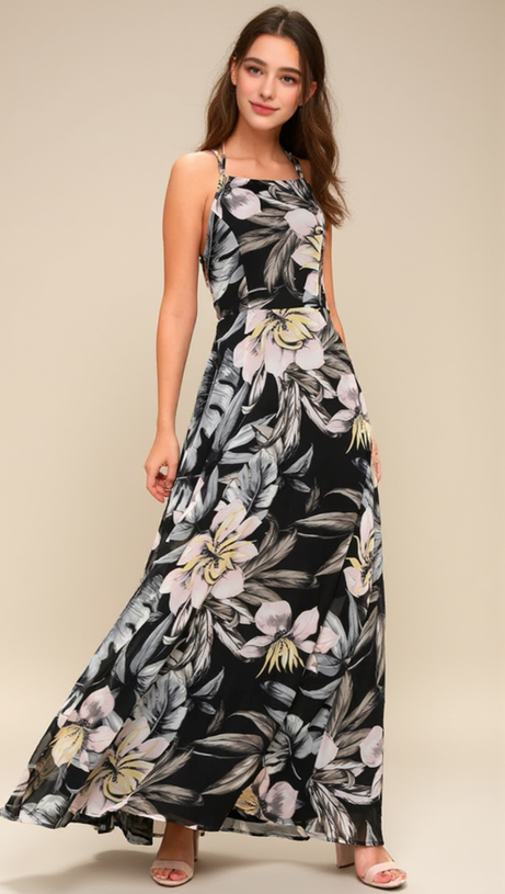 BLACK FLORAL PRINT LACE-UP MAXI DRESS