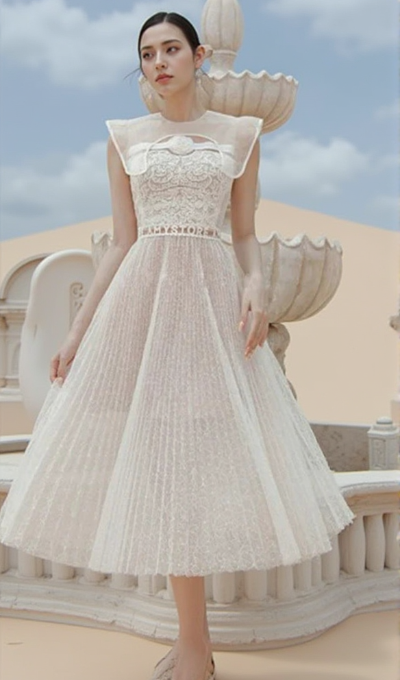 CREW NECK PLAIN PLEATED FLOWER LACE MIDI DRESS