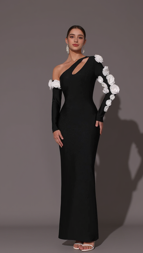 ONE SHOULDER FLOWER EMBELLISHED CUTOUT BANDAGE MAXI DRESS IN BLACK