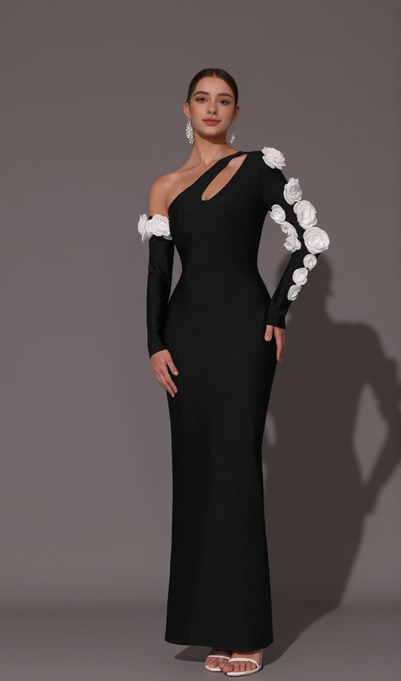 ONE SHOULDER FLOWER EMBELLISHED CUTOUT BANDAGE MAXI DRESS IN BLACK