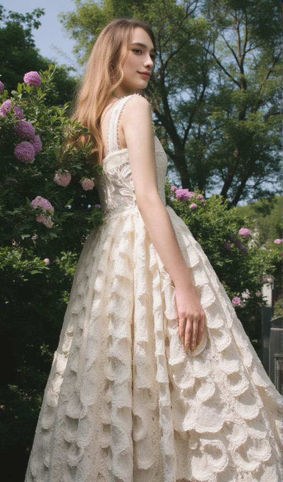 AIIZIE FAE A-LINE SQUARE NECK LACE MIDI DRESS IN CREAM WHITE - product image