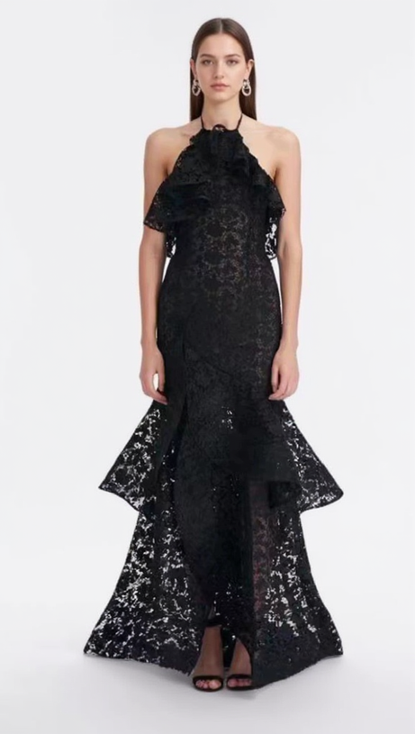 LYNN GARDENIA GUIPURE LACE RUFFLE GOWN IN BLACK