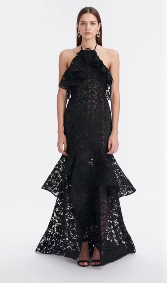AIIZIE LYNN GARDENIA GUIPURE LACE RUFFLE GOWN IN BLACK - product image