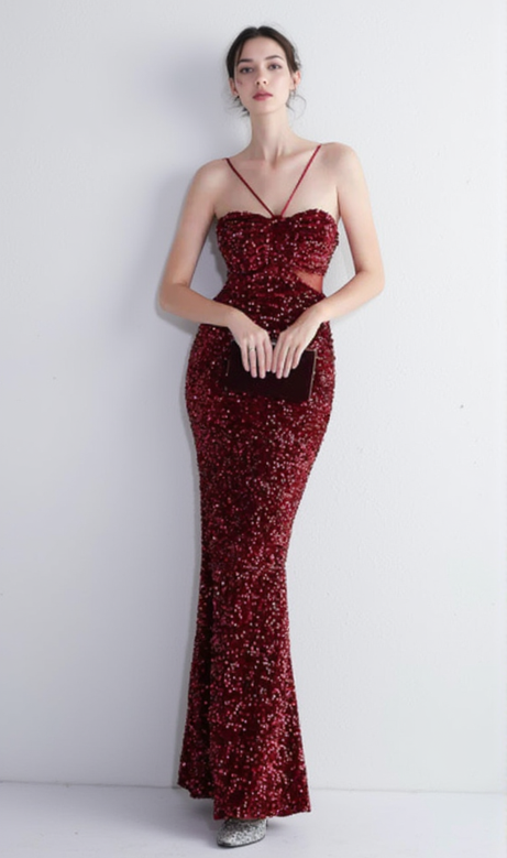 ABITO LUNGO CON SCOLLO A V E PAILLETTES TAGLIO BORDEAUX MARIAN