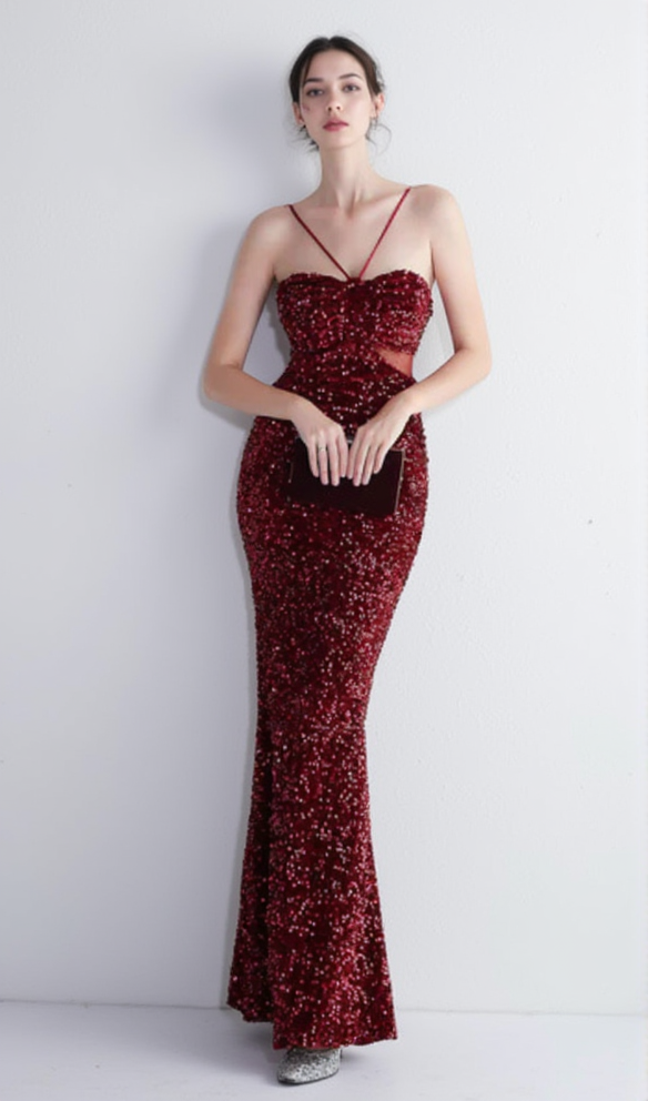 MARIAN BURGUNDY CUTOUT SEQUINS HALTER MAXI DRESS